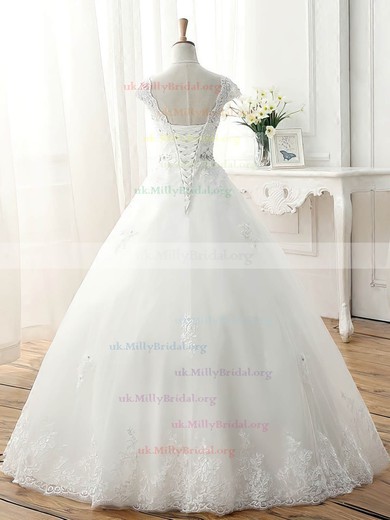 Tulle V-neck Ball Gown Floor-length with Beading Wedding Dresses #UKM00023077