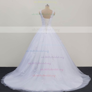 Tulle Scoop Neck Ball Gown Sweep Train with Beading Wedding Dresses #UKM00023081