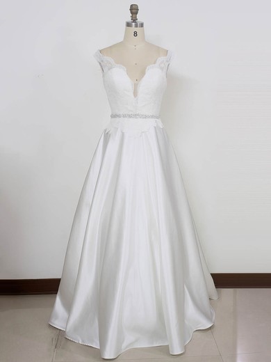 Lace Satin V-neck Princess Sweep Train with Beading Wedding Dresses #UKM00023002
