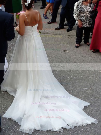 Chiffon V-neck A-line Court Train with Ruffles Wedding Dresses #UKM00023006