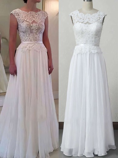 Chiffon Tulle Scoop Neck A-line Floor-length with Appliques Lace Wedding Dresses #UKM00023007