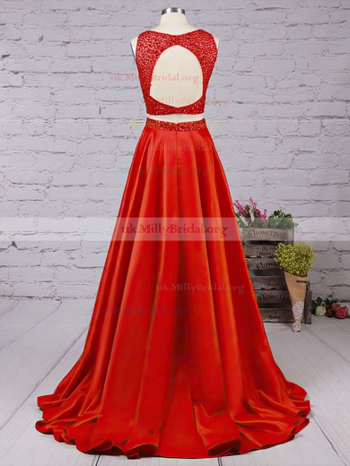 A-line Scoop Neck Satin Floor-length Beading Prom Dresses #UKM020104590