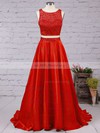 A-line Scoop Neck Satin Floor-length Beading Prom Dresses #UKM020104590