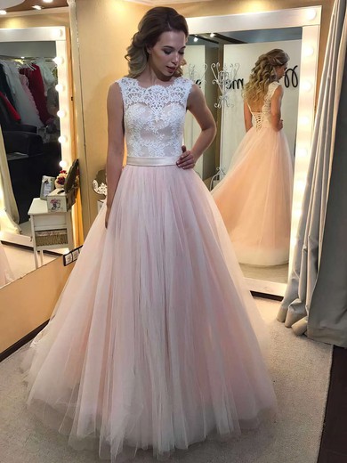 Ball Gown Scalloped Neck Tulle Floor-length Appliques Lace Prom Dresses #UKM020104585