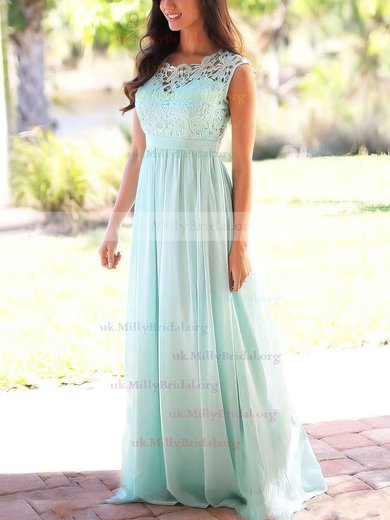 A-line Scoop Neck Lace Chiffon Floor-length Sashes / Ribbons Prom Dresses #UKM020104579