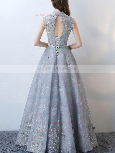 Princess High Neck Lace Tulle Floor-length Appliques Lace Prom Dresses #UKM020104870