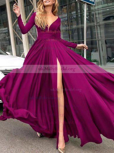 A-line V-neck Satin Chiffon Floor-length Sashes / Ribbons Prom Dresses #UKM020104878