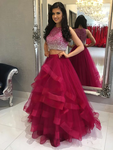 A-line Scoop Neck Tulle Floor-length Beading Prom Dresses #UKM020104914
