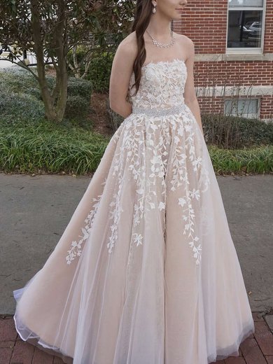 Princess Strapless Tulle Floor-length Beading Prom Dresses #UKM020104927