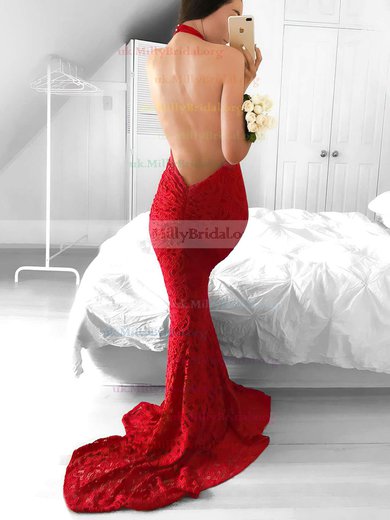 Trumpet/Mermaid Halter Lace Sweep Train Prom Dresses #UKM020104818
