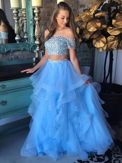 A-line Off-the-shoulder Tulle Floor-length Beading Prom Dresses #UKM020104975