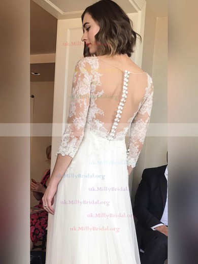 Tulle V-neck A-line Sweep Train Appliques Lace Wedding Dresses #UKM00023092