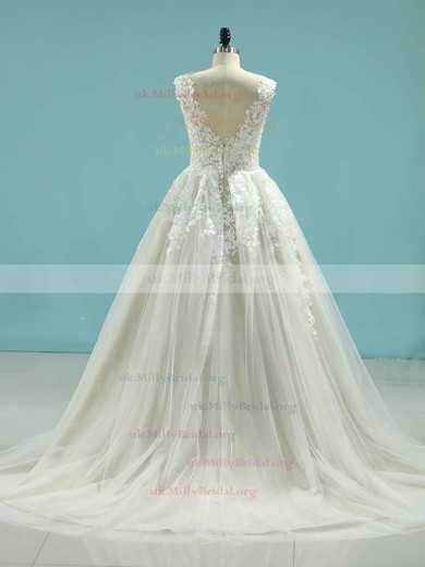Tulle V-neck Ball Gown Sweep Train Sequins Wedding Dresses #UKM00023095