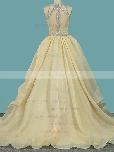 Satin Organza Tulle Scoop Neck Ball Gown Sweep Train Beading Wedding Dresses #UKM00023103