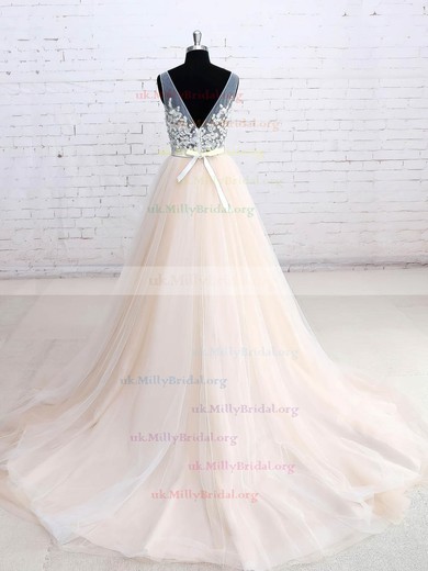 Tulle V-neck Ball Gown Court Train Appliques Lace Wedding Dresses #UKM00023114