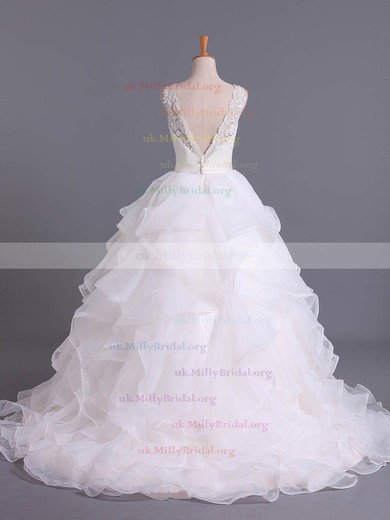 Organza V-neck Ball Gown Court Train Lace Wedding Dresses #UKM00023115