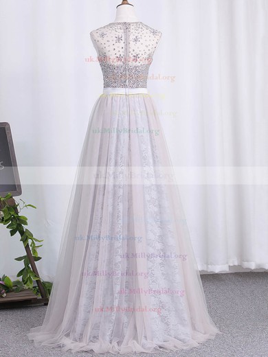A-line Scoop Neck Lace Tulle Floor-length Beading Prom Dresses #UKM020105181