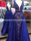 Princess V-neck Lace Satin Sweep Train Sashes / Ribbons Prom Dresses #UKM020105252