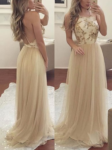 A-line Scoop Neck Tulle Sweep Train Sequins Prom Dresses #UKM020105275