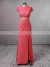 Sheath/Column Scoop Neck Lace Jersey Floor-length Split Front Prom Dresses #UKM020105351