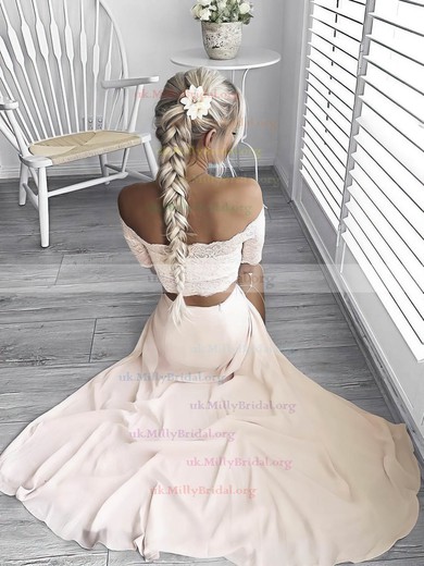 Sheath/Column Off-the-shoulder Lace Chiffon Floor-length Split Front Prom Dresses #UKM020105362