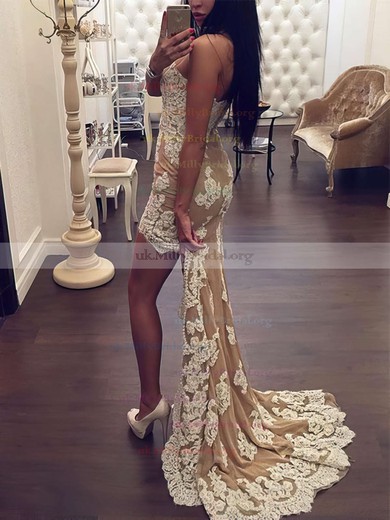 Sheath/Column Sweetheart Tulle Asymmetrical Appliques Lace Prom Dresses #UKM020105384