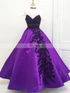 Satin V-neck Ball Gown Floor-length Appliques Lace Prom Dresses #UKM020105417