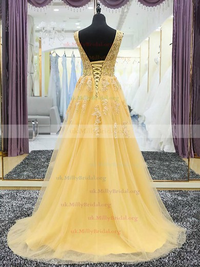 Princess V-neck Tulle Sweep Train Appliques Lace Prom Dresses #UKM020105560