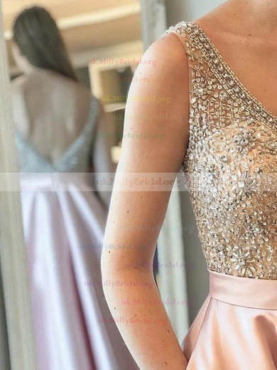 Princess V-neck Satin Floor-length Beading Prom Dresses #UKM020105562
