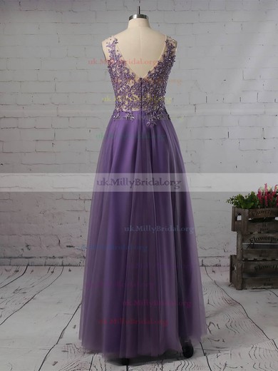 Princess V-neck Tulle Floor-length Beading Prom Dresses #UKM020105576