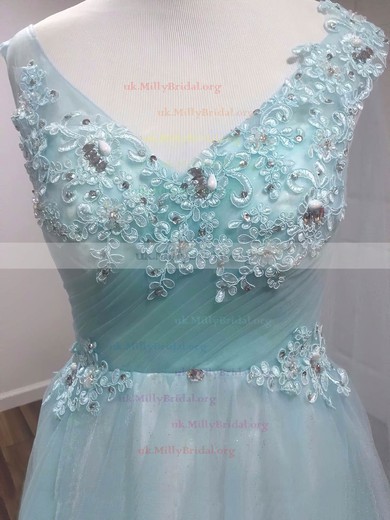 Princess V-neck Tulle Sweep Train Beading Prom Dresses #UKM020105579
