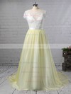 A-line Scoop Neck Lace Chiffon Sweep Train Appliques Lace Prom Dresses #UKM020105641