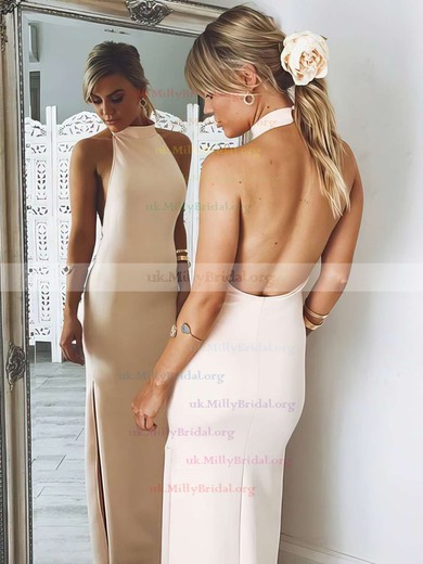 Sheath/Column Halter Silk-like Satin Floor-length Prom Dresses #UKM020105654