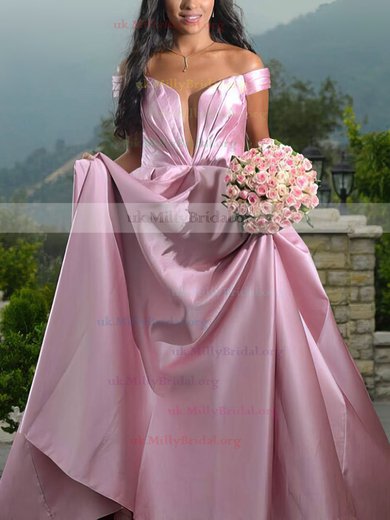 Princess Off-the-shoulder Satin Sweep Train Ruffles Prom Dresses #UKM020105724