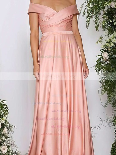 A-line Off-the-shoulder Silk-like Satin Sweep Train Ruffles Prom Dresses #UKM020105737