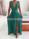 A-line V-neck Chiffon Floor-length Split Front Prom Dresses #UKM020105769