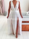 A-line V-neck Chiffon Floor-length Split Front Prom Dresses #UKM020105769