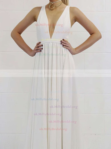 A-line V-neck Chiffon Floor-length Prom Dresses #UKM020105778