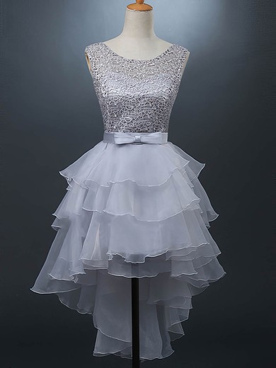 Organza Tulle Scoop Neck A-line Asymmetrical Sashes / Ribbons Prom Dresses #UKM020105380