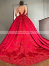 Satin V-neck Ball Gown Court Train Appliques Lace Prom Dresses #UKM020105424