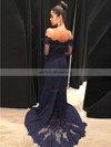Sheath/Column Off-the-shoulder Silk-like Satin Sweep Train Appliques Lace Prom Dresses #UKM020105935