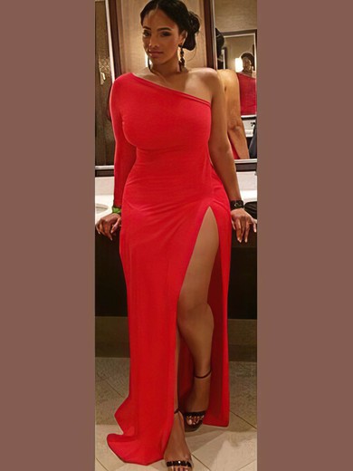 Jersey One Shoulder Sheath/Column Floor-length Split Front prom dress #UKM020105982