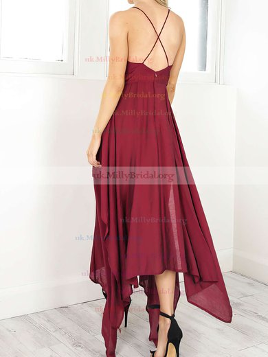 A-line V-neck Chiffon Asymmetrical Split Front Prom Dresses #UKM020106076