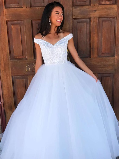 Ball Gown Off-the-shoulder Tulle Floor-length Beading Prom Dresses #UKM020106082