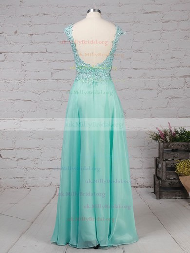 A-line Scoop Neck Chiffon Sweep Train Appliques Lace Prom Dresses #UKM020105059