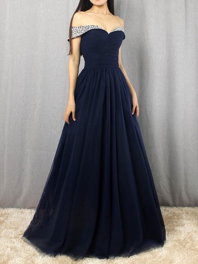 Princess Off-the-shoulder Tulle Floor-length Beading Prom Dresses #UKM020105051