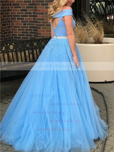 Princess Off-the-shoulder Tulle Floor-length Pearl Detailing Prom Dresses #UKM020105077