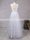 A-line V-neck Tulle Floor-length Sashes / Ribbons Prom Dresses #UKM020105079