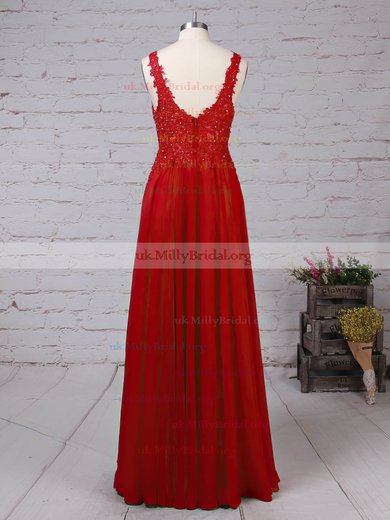 A-line V-neck Chiffon Floor-length Beading Prom Dresses #UKM020105861