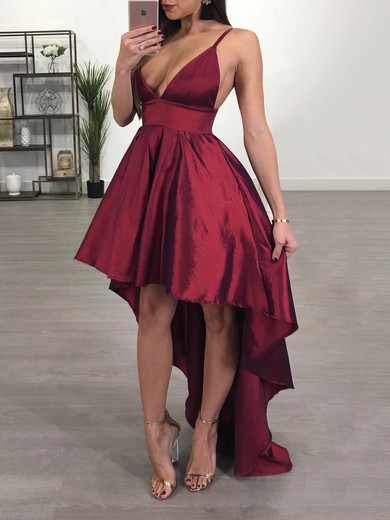 A-line V-neck Satin Asymmetrical Prom Dresses #UKM020105866